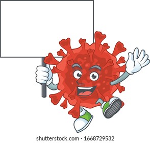 Sweet red corona virus cartoon character bring a board