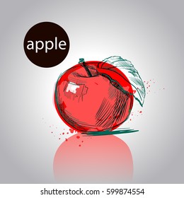 Sweet Red Hand Drawn Apple Design. Fresh Fruit. Reflex. Vector Illustration Isolated on Background. EPS 10 