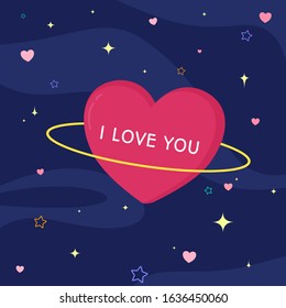 Sweet Valentine’s red heart Saturn shape in the night sky galaxy with star and lovely floating hearts