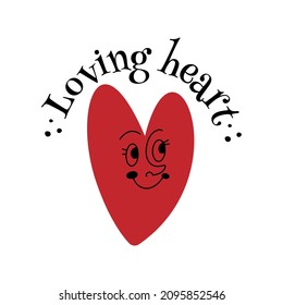 Sweet Red Heart With A Smiling Face In Mid Century Modern Style With Round Text Lettering - Loving Heart, Hand Drawn Isolated Vector Illustration