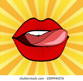 Sweet red lips on dot and stripped pop art comic style background