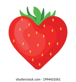 Sweet red strawberry in a heart shape with green leaves isolated on white background. Vector illustration.