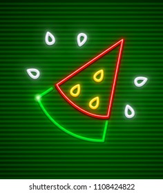 Sweet red watermelon neon icon section of fresh ripe berry fruit with ossicles. EPS10 vector illustration.