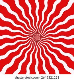 Sweet red and white candy abstract spiral background. Wavy pink radial swirl stripes print. Christmas celebration holiday design. Explosion or surprise manga style effect. Vector illustration
