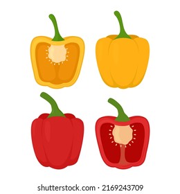 Sweet red and yellow peppers. Halves bell peppers. Vector illustration of fresh vegetables.