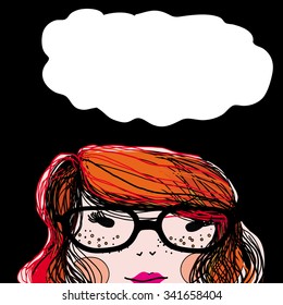 Sweet red-haired girl in glasses. Space for text.