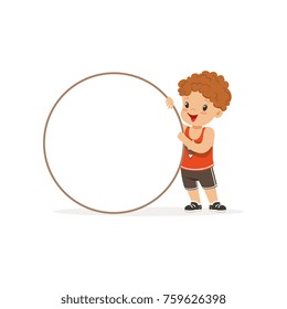 Sweet redhead boy character standing with white circle empty message board, kid with placard vector Illustration