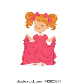 Sweet redhead girl wearing dult oversized pink dress, kid pretending to be adult vector Illustration