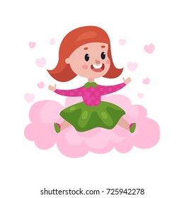 Sweet redhead little girl sitting on a pink cloud surrounded by pink hearts, kid fantasizes and dreams cartoon vector Illustration