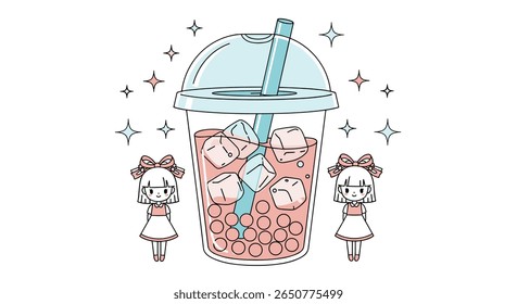 Sweet refreshing bubble tea with cute anime girls and sparkling stars
