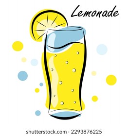 
Sweet, refreshing lemonade in a glass on a white background. Slice of lemon. Soda with lemon. Illustration in doodles style.
