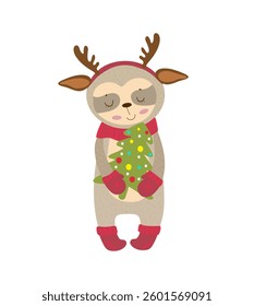 A sweet reindeer in a red scarf and mittens holding a decorated Christmas tree. Ideal for holiday projects and winter-themed illustrations.