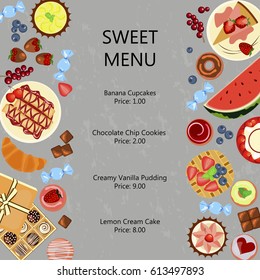 Sweet restaurant menu template with different dishes meals and fruits. Vector illustration eps 10
