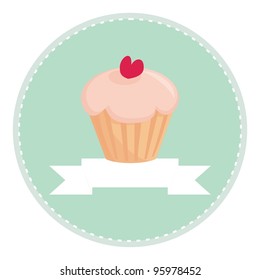 Sweet retro cupcake with heart on mint green background and white place for your own text. Button, flat design element, logo, sign, restaurant menu or invitation card - vector illustration