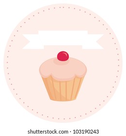 Sweet retro cupcake muffin on pink background with white place for your own text. Vintage vector business banner, button, cake logo or invitation card.