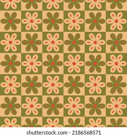 Sweet Retro Geometrical Florals Abstract Daisy Seamless Patterns Trendy Fashion Colors Simple Elegant Design Monochrome Squares Perfect for Allover Print Olive Green Milky Brown Tones
