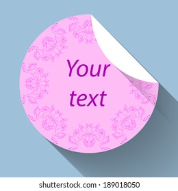 Sweet retro lace sticker with round ornament. For food design. Flat style. For price and serviette. Place for text.