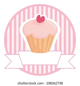 Sweet retro muffin cupcake on pink vintage strips background with white place for your own text. Button, logo or wedding invitation vector card.