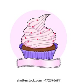 Sweet retro muffin cupcake on pink vintage background with pink place for your own text. Button, logo or wedding invitation vector card. Cupcake logo. Icon.