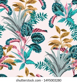 Sweet retro pastel mood seamless pattern of tropical forest with many kind of exotic plants and leaves in vector ,Design for fashion fabric,web,wallpaper,and all prints on light pink background color