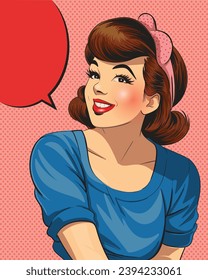 Sweet Retro Smile: Illustration of a Beautiful Woman Posing with Text Balloons