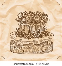 Sweet retro two-level delicious wedding cake. Vector hand drawn illustration. T-shirt printing. Old paper background