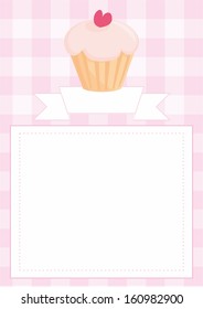 Sweet retro vector card or invitation with cupcake and heart on top on pink vintage checkered pattern or grid texture background and empty white space for your own text