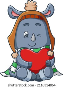 The sweet rhinoceros is holding a heart in winter season of illustration