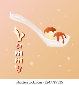 Sweet rice balls with syrup on porcelain spoon. Sparkling text, bubbles on light background. Asian traditional dish. Vector flat drawn illustration for restaurant dishes, menu, sweet, cooking concep