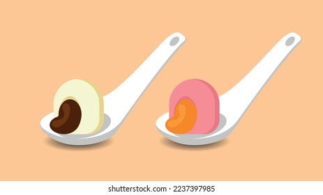 Sweet rice white and pink ball Tang Yang on a soup spoon. Vector illustration