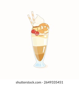 sweet and rich caramel flavor japanese-style parfait topped with pudding choux cream and cherry, vector illustration