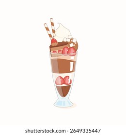 sweet and rich chocolate flavor japanese-style parfait topped with chocolate cake marshmallow and strawberry, vector illustration