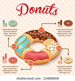 Sweet ring doughnut dessert infographic set with charts vector illustration