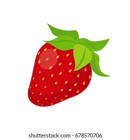 Sweet ripe mellow red strawberry with green leaves flat isolated icon design vector illustration on white background