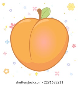 Sweet ripe orange peach, apricot, nictarine with a leaf in cartoon style on a background of cute kawaii stars and flowers, childish elements for design wrappers, wallpapers, cards
