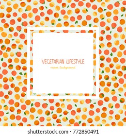 Sweet ripe peaches. Text frame. Harvest time. Colorful summer background. Copy space. Bright postcard or banner. Can be used as seamless pattern.
