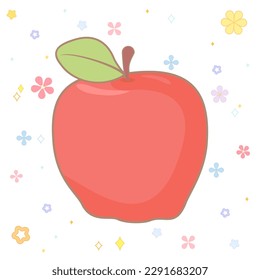 Sweet ripe red apple with a leaf in cartoon style on a background of cute kawaii stars and flowers, childish elements for design wrappers, wallpapers, cards