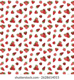 Sweet ripe red strawberry with white flowers and green leaves on a white background