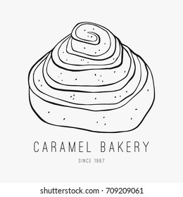 Sweet roll bun. Hand drawn bakery logo. Ink vector pastry outlined illustration on the white background