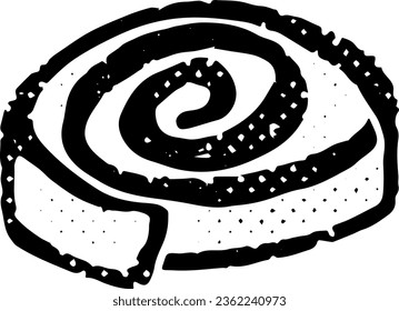 Sweet roll. Linocut, graphics, rustic. Shabby old texture. Vector black element for design