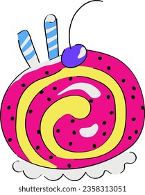 Sweet roll on a white background. Delicate and yummy multicolored roll with berry and straw on a white background. Yellow-pink design for vector graphics logo. Illustration EPS 10