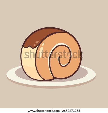 A sweet rolled cake with a perfect spiral shape served on a white plate. The top is coated with melted chocolate that looks tempting and truly mouthwatering