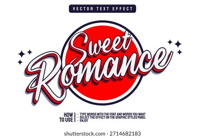 Dulce efecto de texto romántico con estilo retro y fondo de círculo rojo