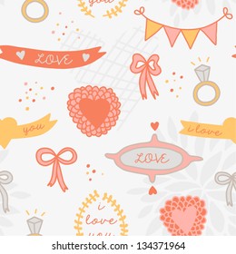Sweet romantic abstract background. Wedding seamless pattern with cute details. Vector invitation