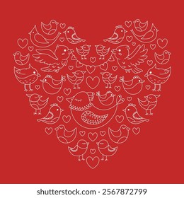 A sweet and romantic illustration of cute birds forming a heart shape on the red background