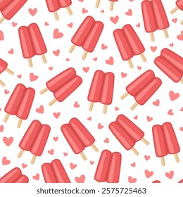 Sweet romantic seamless pattern with double popsicles and hearts.