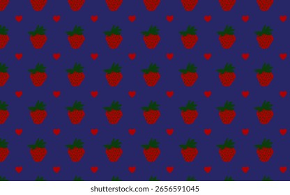 Sweet and romantic seamless pattern with red strawberries and hearts on a deep blue background. Perfect for textiles, gifts, and decor