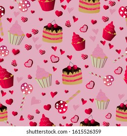 Sweet romantic seamless pattern in vector design with cupcakes decorated with hearts