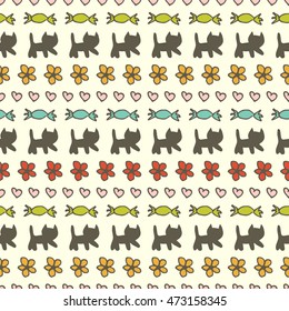 Sweet romantic vector seamless pattern with kitties, flowers, candies and hearts.