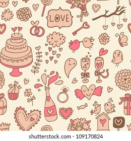Sweet romantic wedding seamless pattern. Vector invitation. Cute marriage